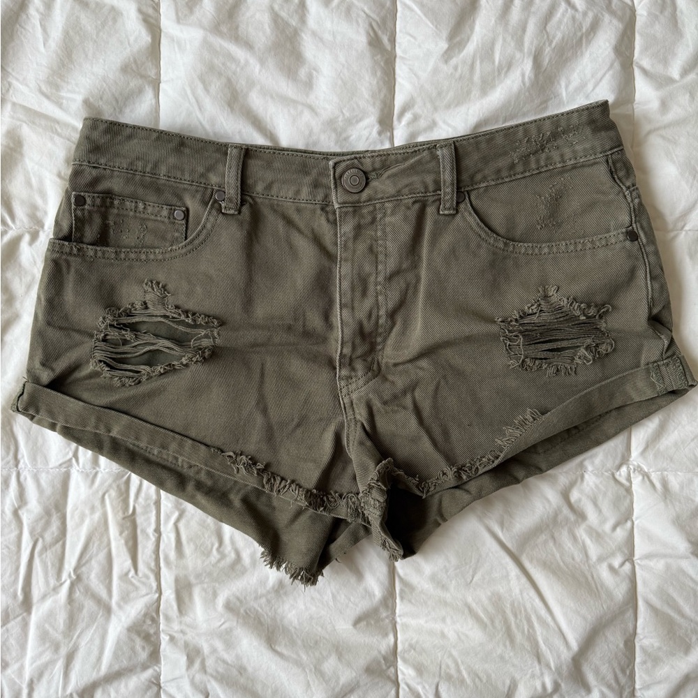 Olive Green Distressed Denim Shorts